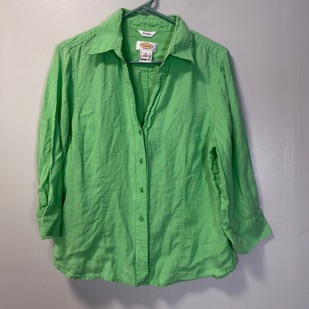 Talbots Womens Green 100% Irish Linen Button Up Shirt Size Medium Lightweight